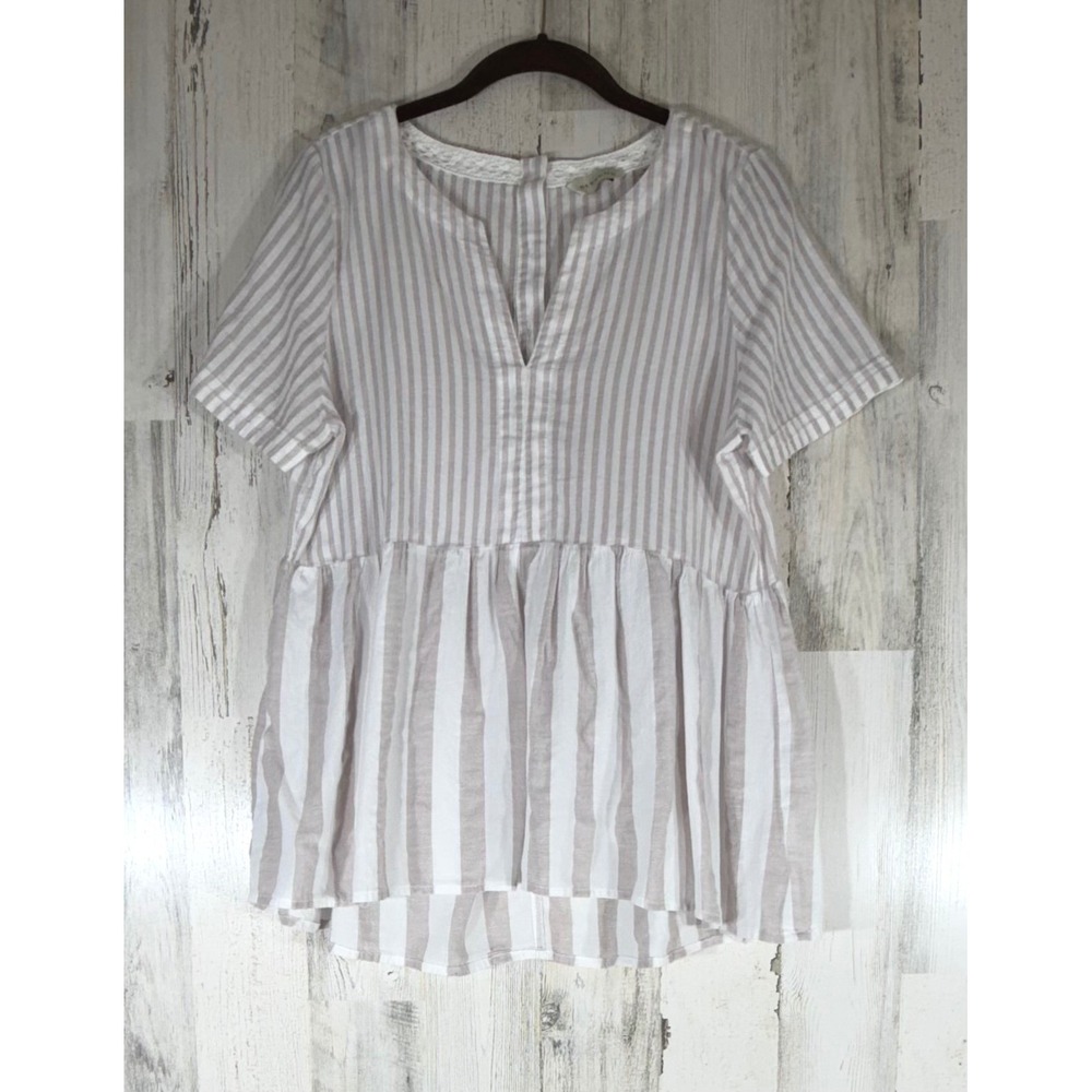 11 1 Tylho‎ Beige White Striped Babydoll Blouse Top Size Small Cotton Notch Neck